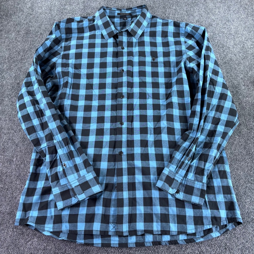 TravisMathew Button Down Shirt Mens XXL Blue Black Buffalo Plaid Cotton Textured